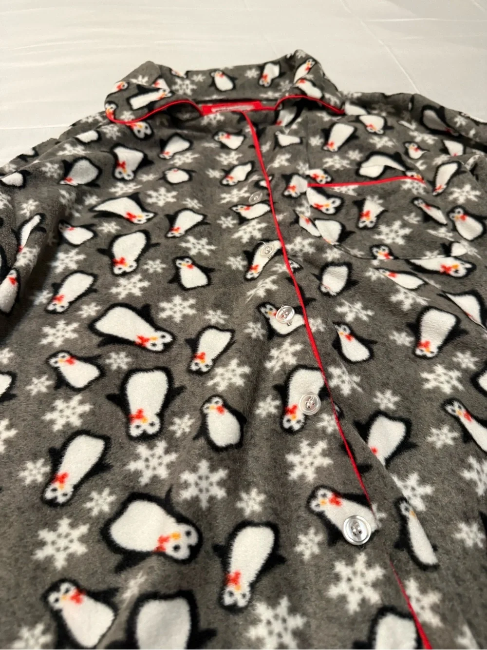 Bottoms Out Gal Kids Grey Penguin Fleece Pajama Top with Red Trim